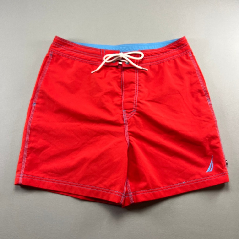 Nautica Board Shorts Men 34W Red Blue Stitching Sailboat Logo Mesh Lined Surfing